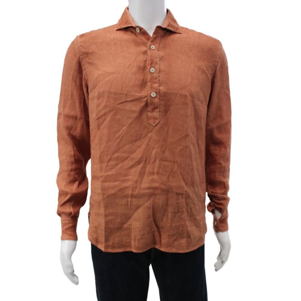 ELEVENTY Mens Long Sleeve Collared Half Button Linen Shirt Brown Size Small